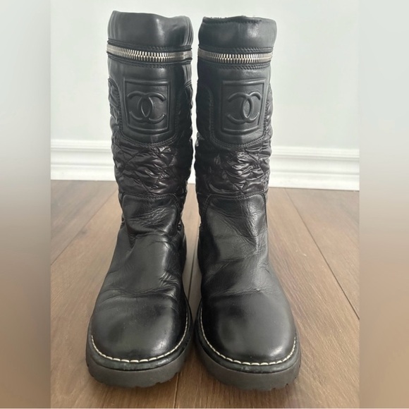 CHANEL Shoes - Chanel CC Logo Quilted Leather Moto Boots Black Size 36.5 (Auth)